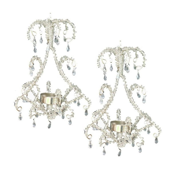 2 white hanging SHABBY crystal bead CHANDELIER candle holder Wedding Centerpiece